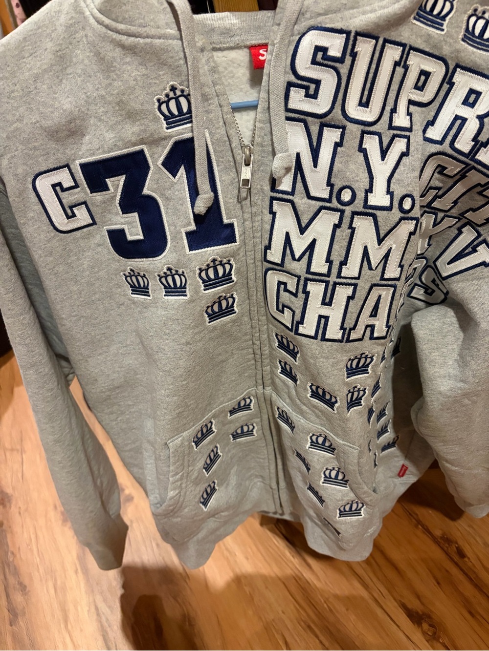 Supreme Grey Hoodie with Red Logo Tag